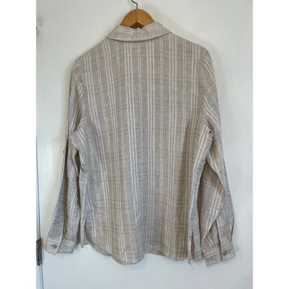 Studio works tan linen button up shirt collar pockets stripes Size Medium - Picture 2 of 7